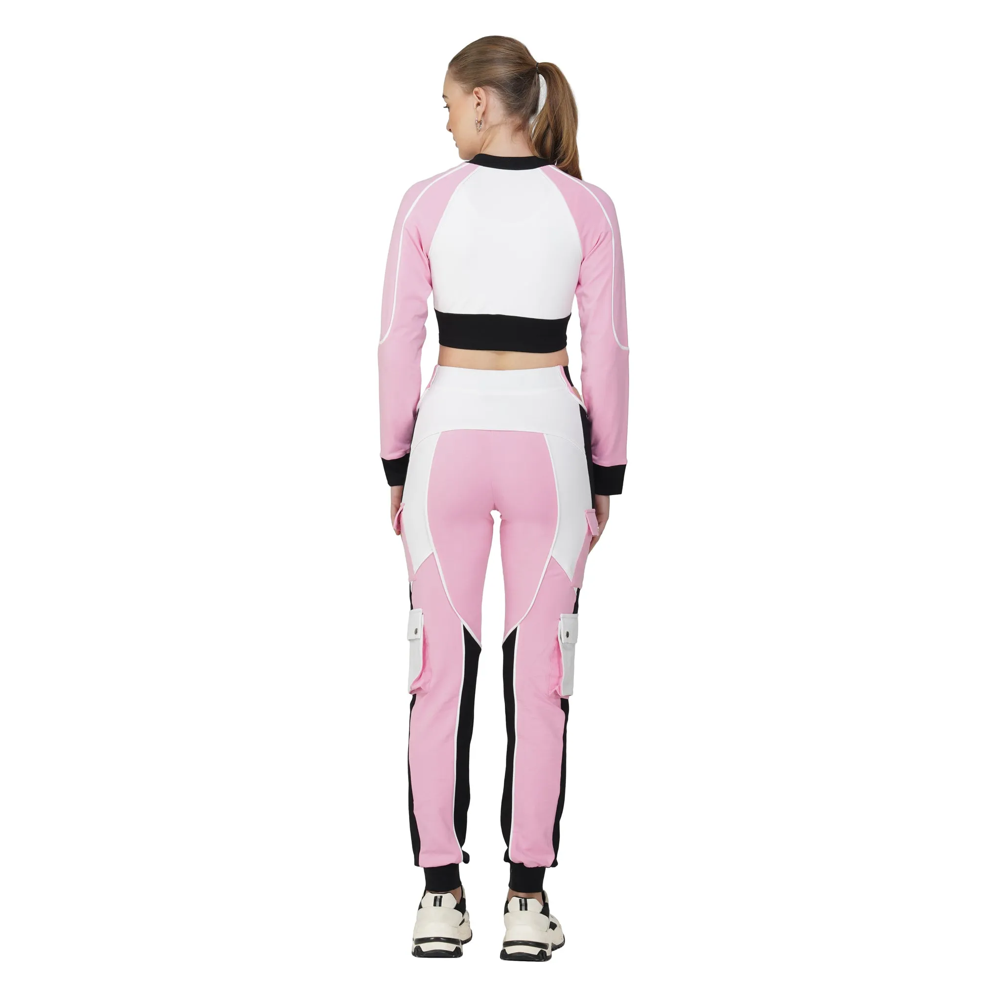 SLAY. Women's Activewear Tracksuit Pink Colorblock Crop Jacket & High Waist Cargo Pants & Crop top Co-ord Set(3 Piece)