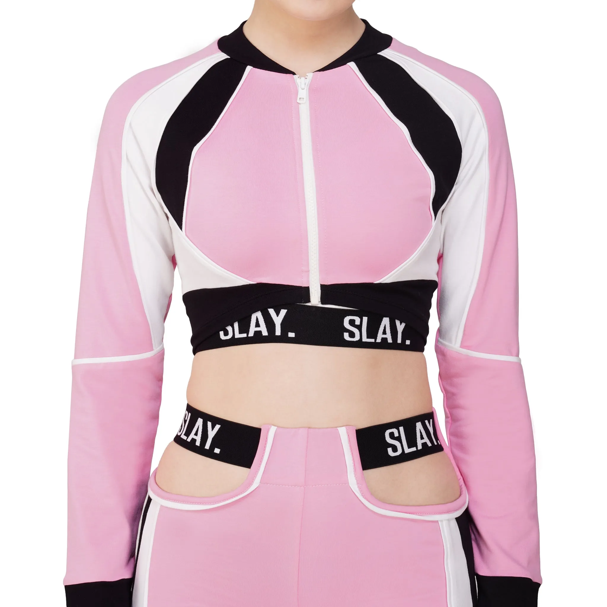 SLAY. Women's Activewear Tracksuit Pink Colorblock Crop Jacket & High Waist Cargo Pants & Crop top Co-ord Set(3 Piece)