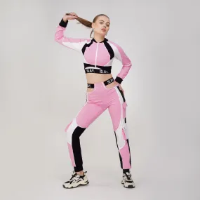 SLAY. Women's Activewear Tracksuit Pink Colorblock Crop Jacket & High Waist Cargo Pants & Crop top Co-ord Set(3 Piece)
