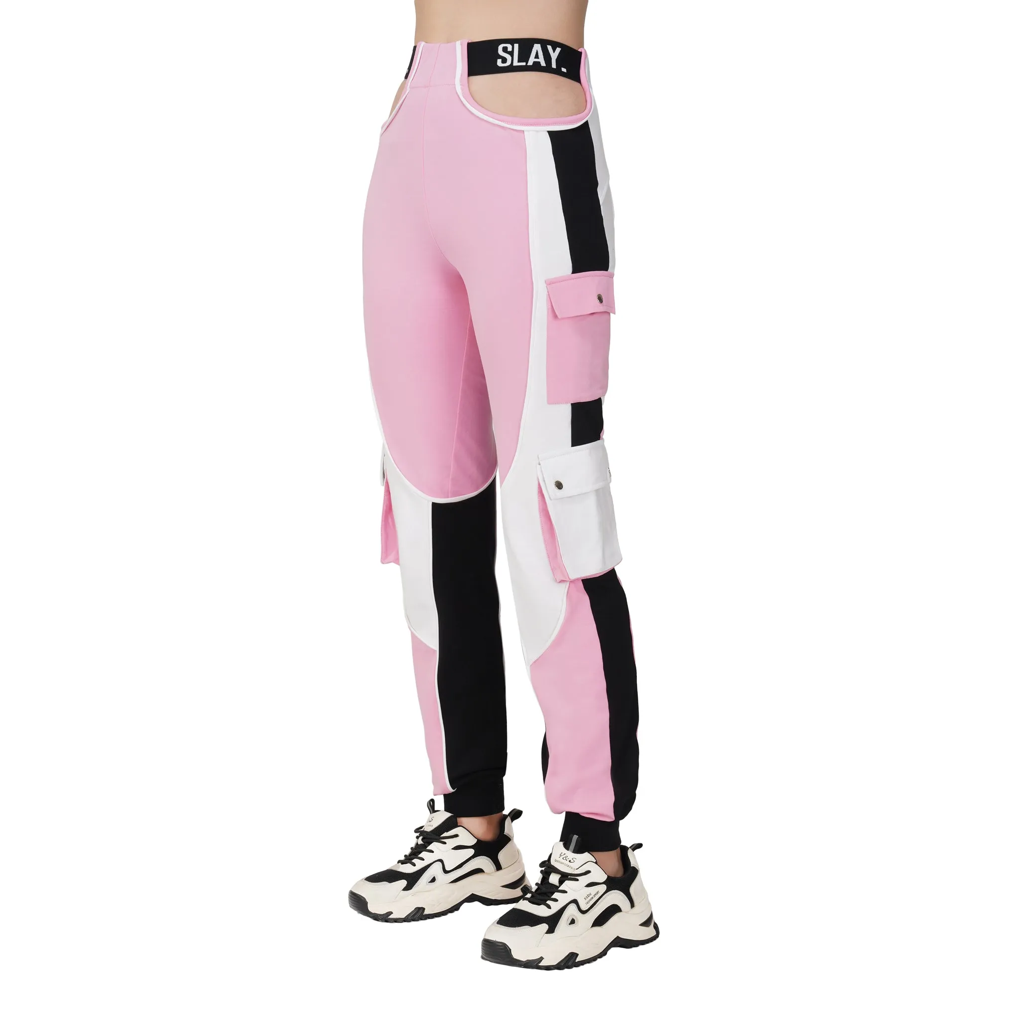 SLAY. Women's Activewear Tracksuit Pink Colorblock Crop Jacket & High Waist Cargo Pants & Crop top Co-ord Set(3 Piece)