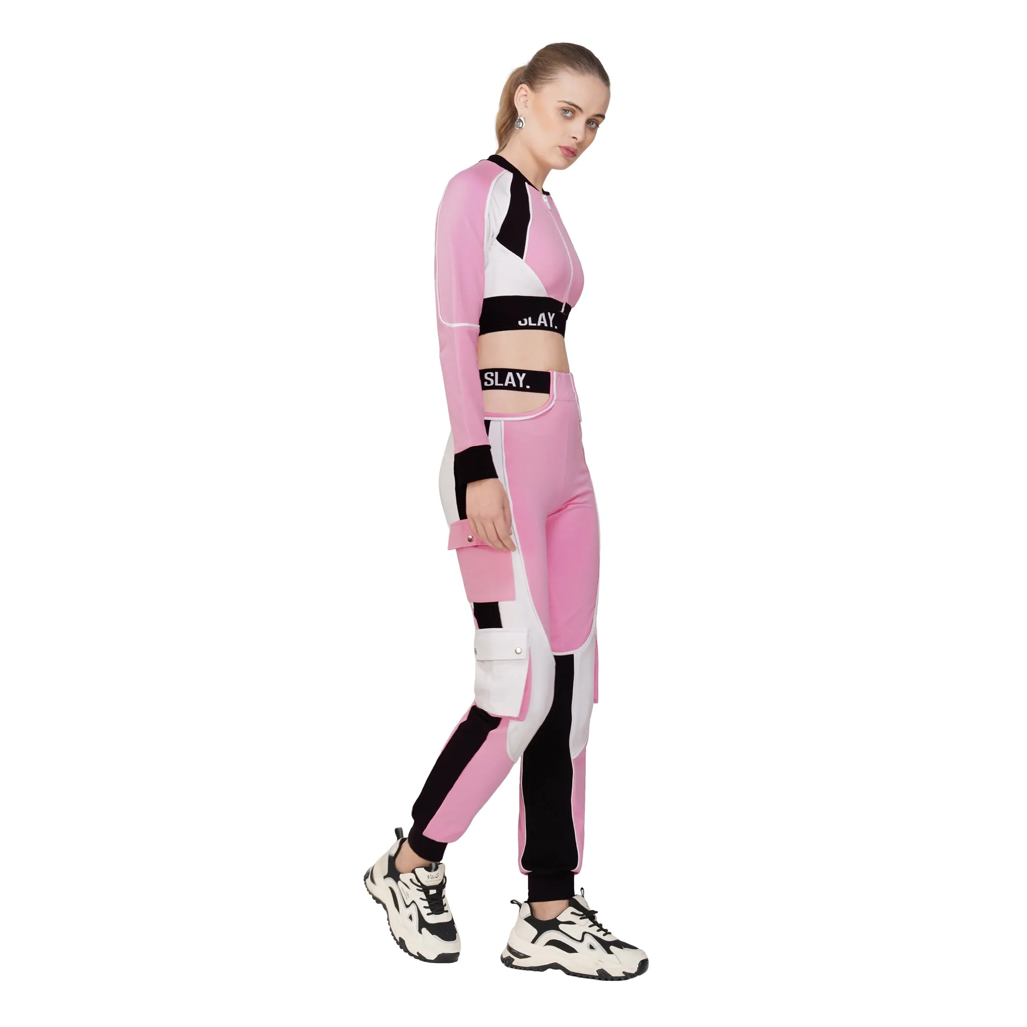 SLAY. Women's Activewear Tracksuit Pink Colorblock Crop Jacket & High Waist Cargo Pants & Crop top Co-ord Set(3 Piece)