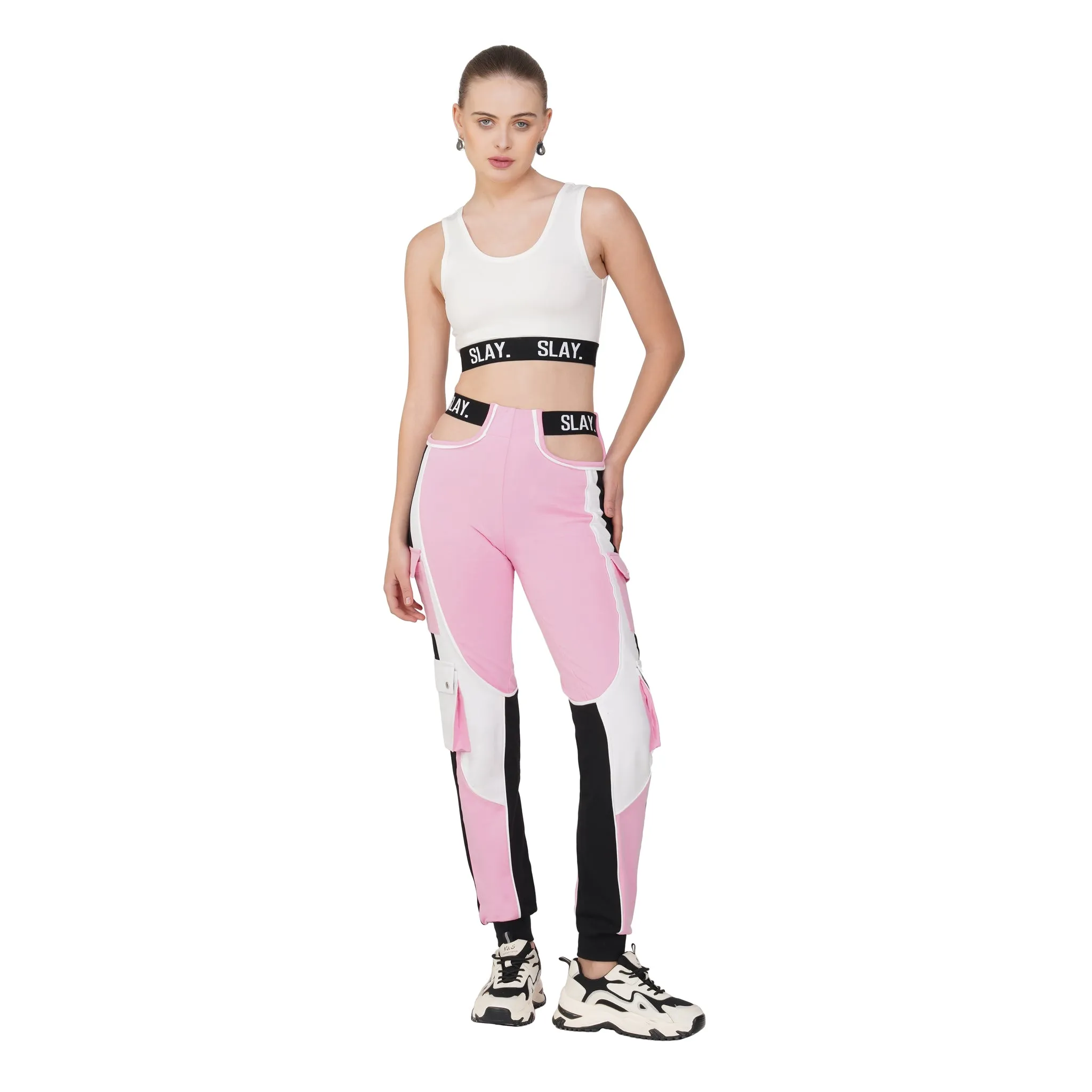 SLAY. Women's Activewear Tracksuit Pink Colorblock Crop Jacket & High Waist Cargo Pants & Crop top Co-ord Set(3 Piece)