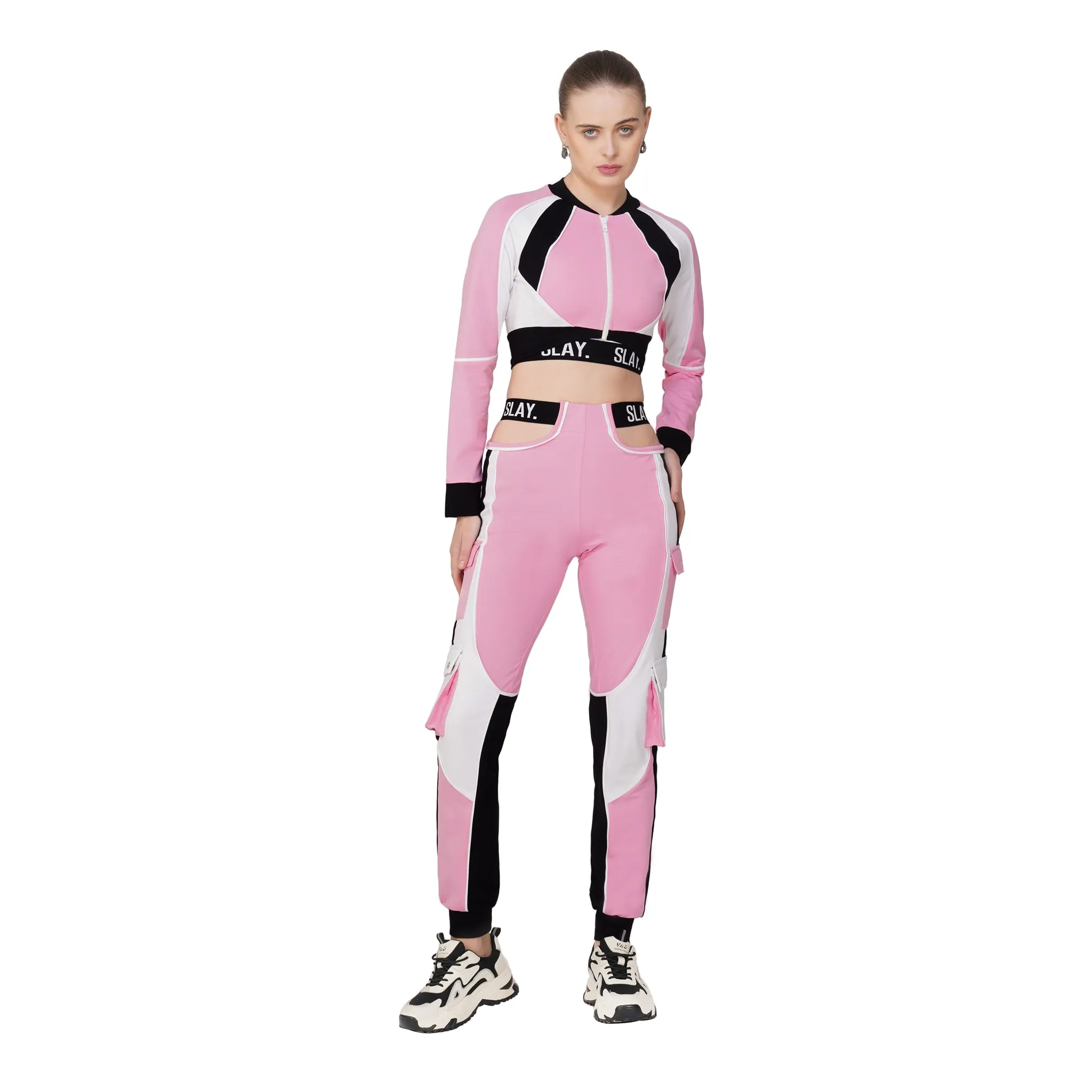SLAY. Women's Activewear Tracksuit Pink Colorblock Crop Jacket & High Waist Cargo Pants & Crop top Co-ord Set(3 Piece)