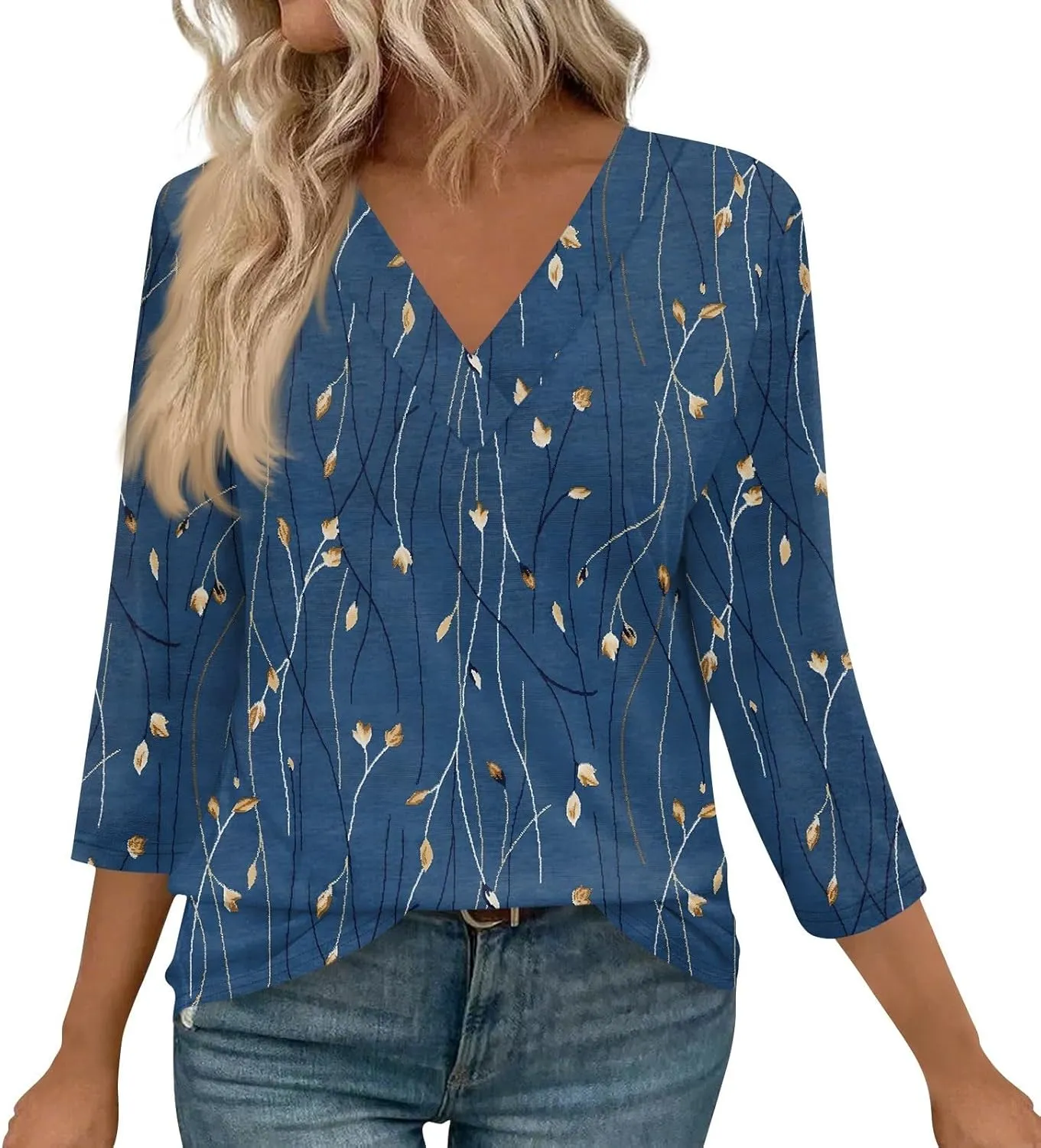 Summer Shirts for Women,Women's Floral Print V-Neck 3/4 Sleeve Casual Blouse Top Elegant Spring Summer Fashion