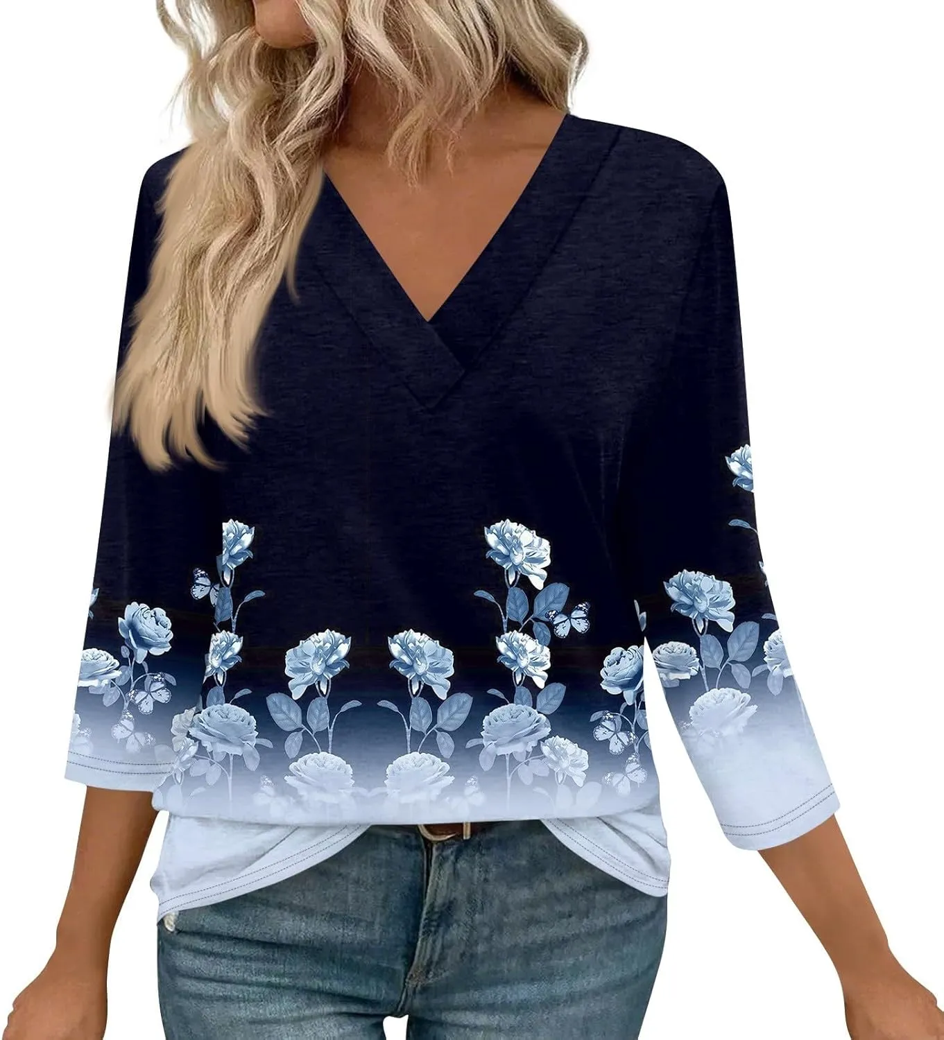 Summer Shirts for Women,Women's Floral Print V-Neck 3/4 Sleeve Casual Blouse Top Elegant Spring Summer Fashion