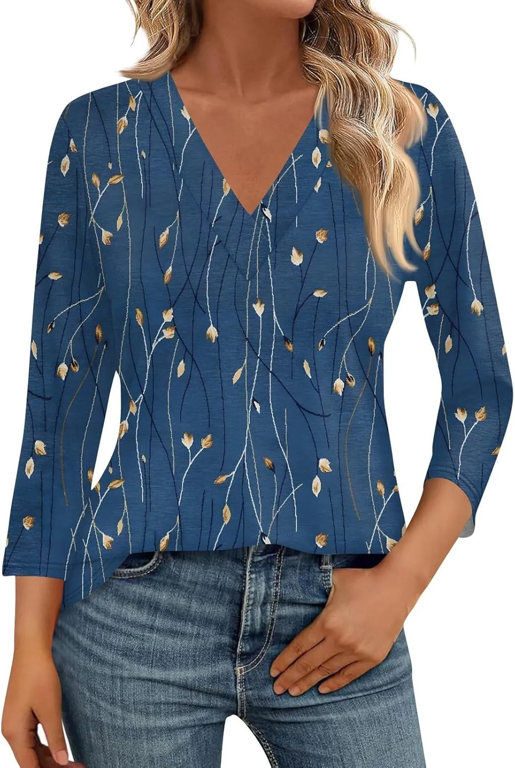 Summer Shirts for Women,Women's Floral Print V-Neck 3/4 Sleeve Casual Blouse Top Elegant Spring Summer Fashion