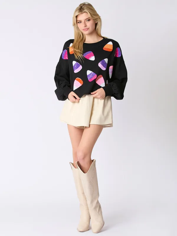 Tami Halloween Candy Sequins Long Sleeve Casual Pullover Sweatshirt