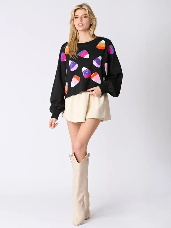 Tami Halloween Candy Sequins Long Sleeve Casual Pullover Sweatshirt