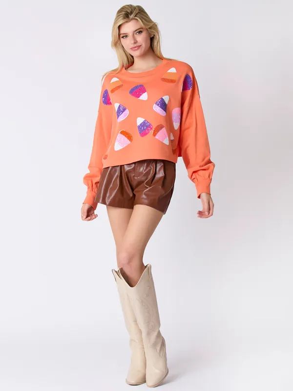 Tami Halloween Candy Sequins Long Sleeve Casual Pullover Sweatshirt