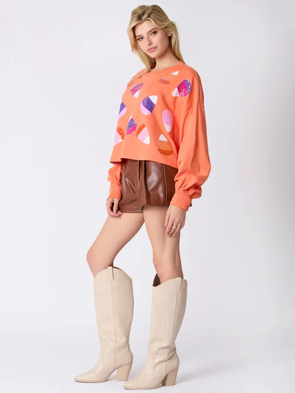 Tami Halloween Candy Sequins Long Sleeve Casual Pullover Sweatshirt