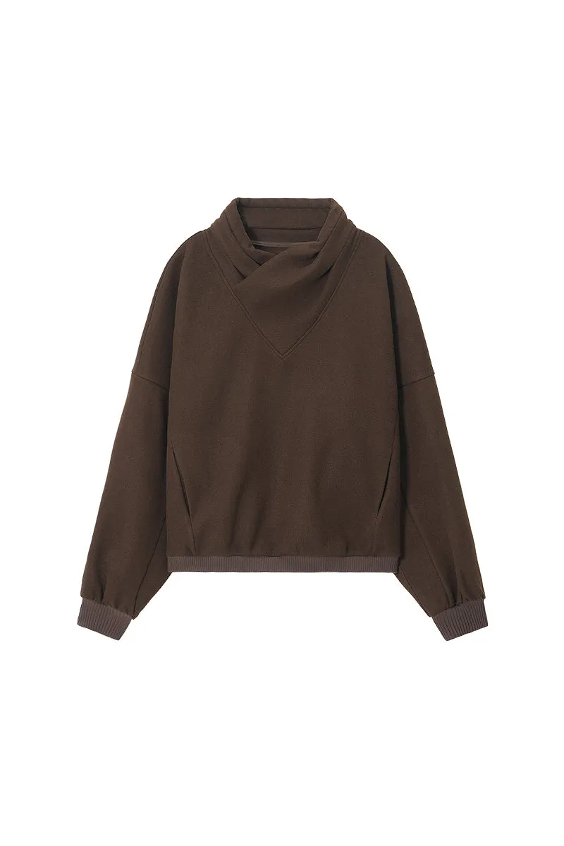Textured Wrap-Collar Pullover Sweatshirt with Pockets - Fleece & Unlined