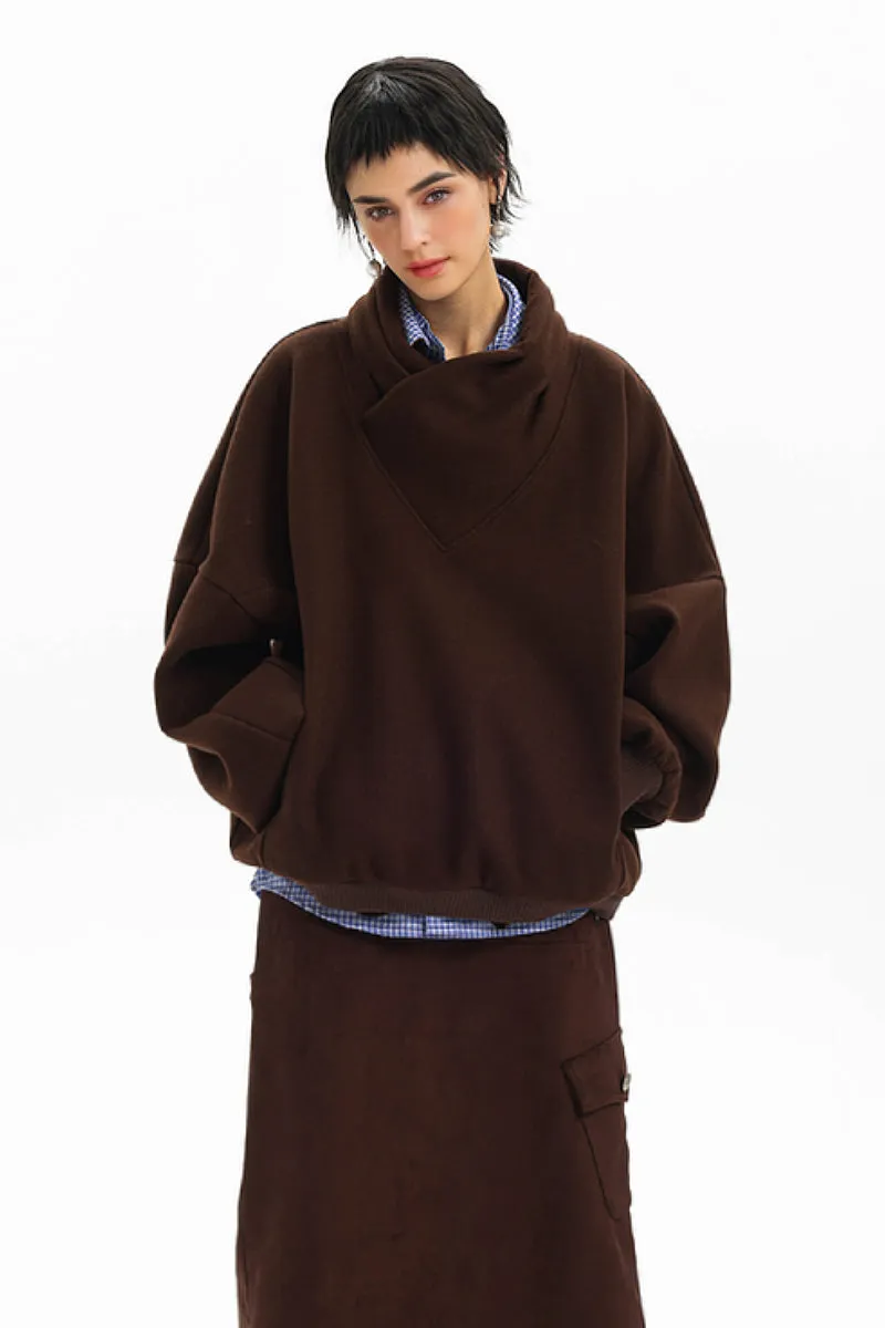Textured Wrap-Collar Pullover Sweatshirt with Pockets - Fleece & Unlined
