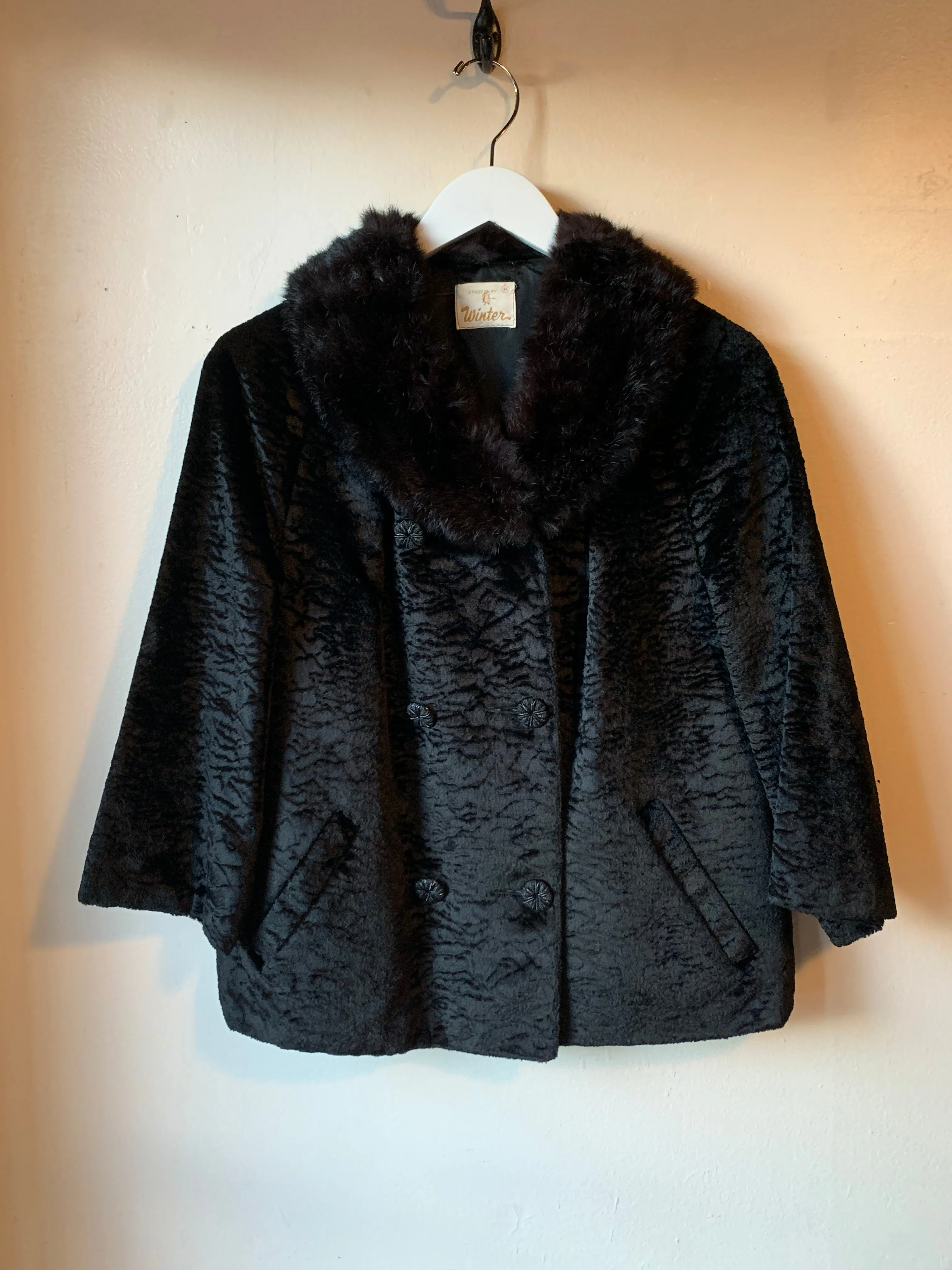 Vintage Sleek Black Rabbit Fur Collar Coat (M)
