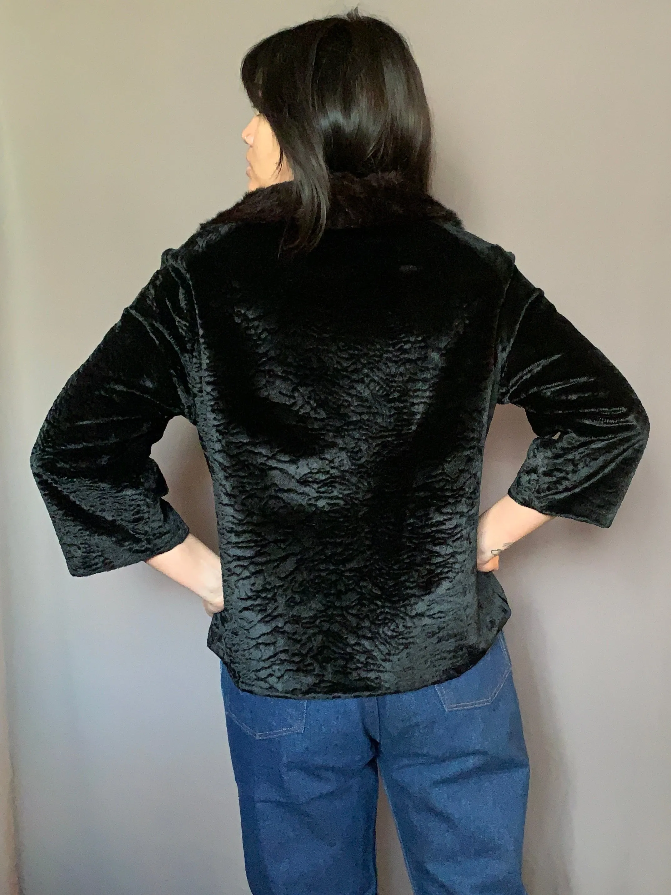 Vintage Sleek Black Rabbit Fur Collar Coat (M)