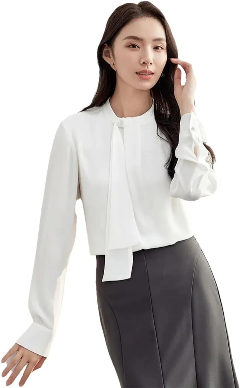 Women Chiffon Ribbon Blouse Loose Solid Stand Collar Elegant Shirts Pullover Office Lady Tops