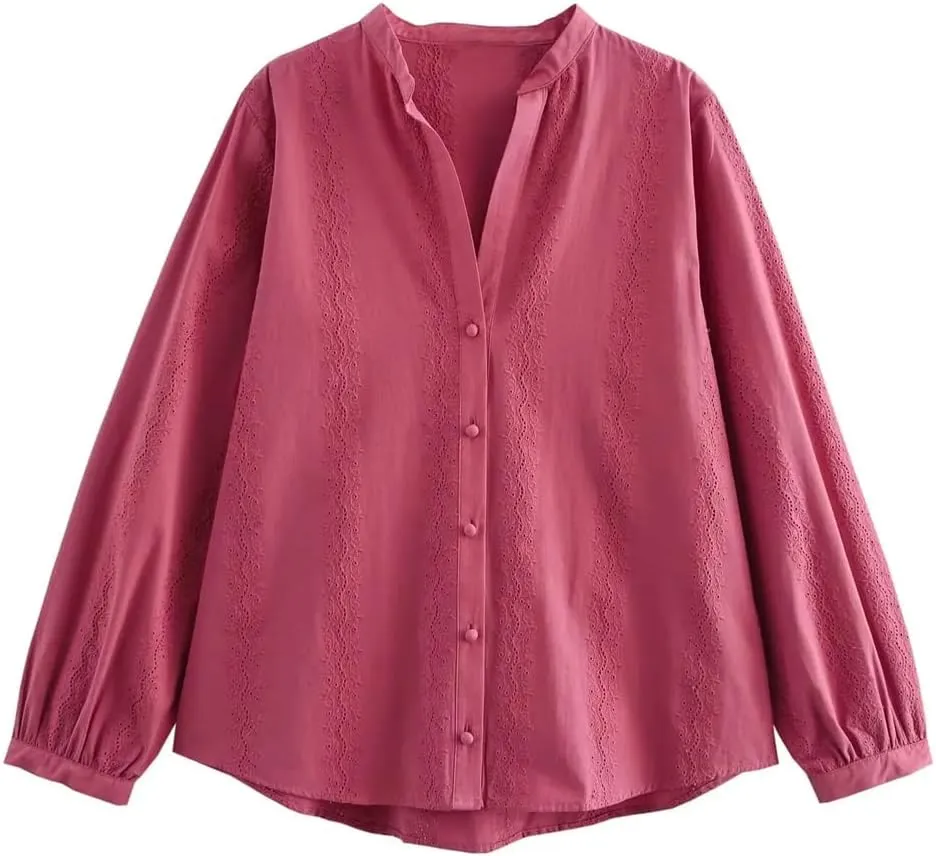 Women Embroidered Long-Sleeved Blouse Elegant Asymmetrical Hem Shirts Solid Colid Button Top