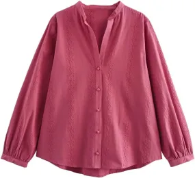 Women Embroidered Long-Sleeved Blouse Elegant Asymmetrical Hem Shirts Solid Colid Button Top