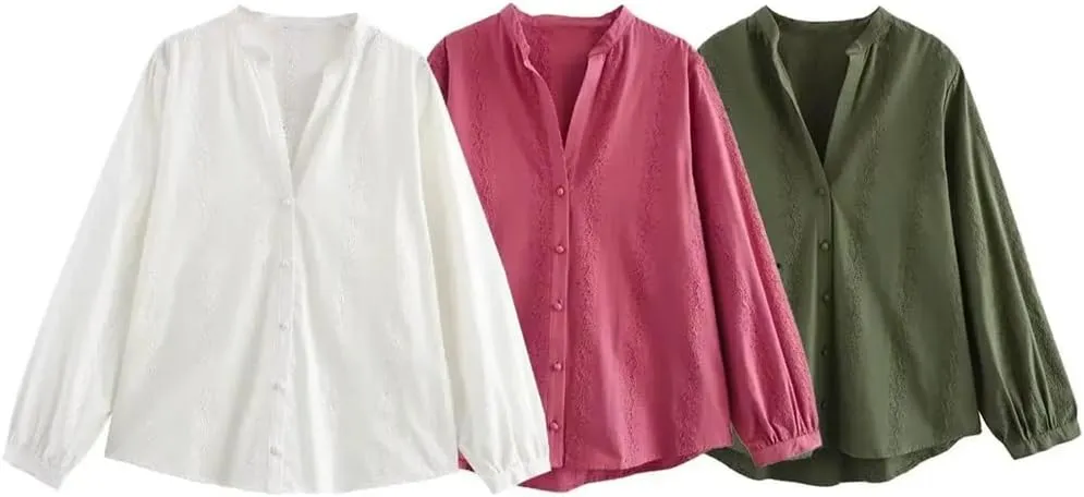 Women Embroidered Long-Sleeved Blouse Elegant Asymmetrical Hem Shirts Solid Colid Button Top