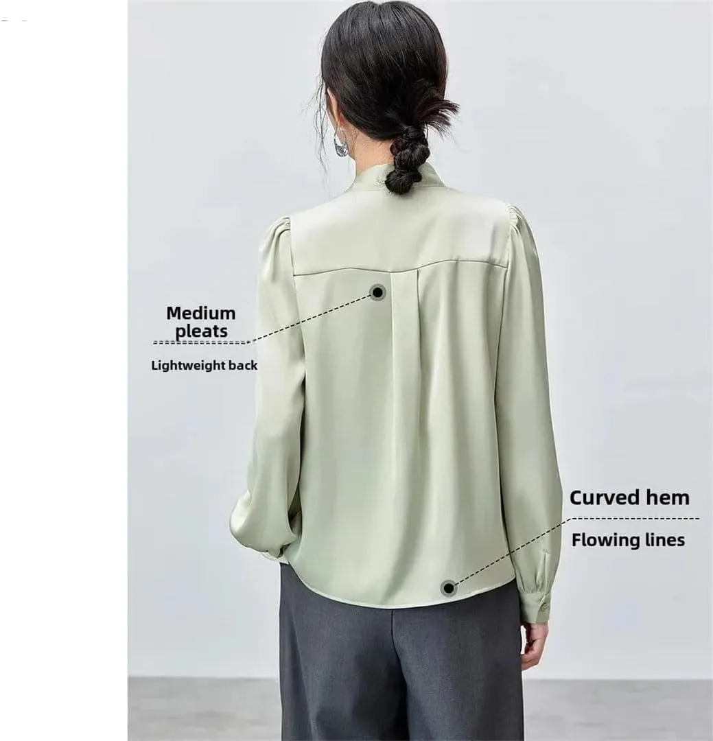 Women Lace-Up Collar Folds Blouse Long Sleeve Business Work Tops Elegant Pullover Solid Top