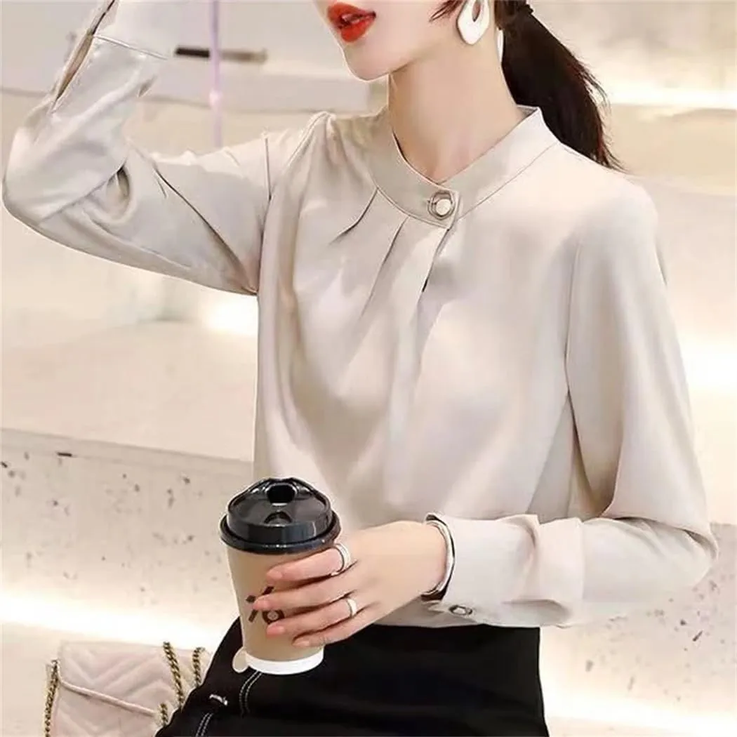 Women Ruffled Elegant Stand Collar Office Lady Shirt Korean Solid Long Sleeve Business Blouse Top