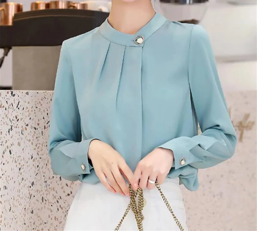 Women Ruffled Elegant Stand Collar Office Lady Shirt Korean Solid Long Sleeve Business Blouse Top