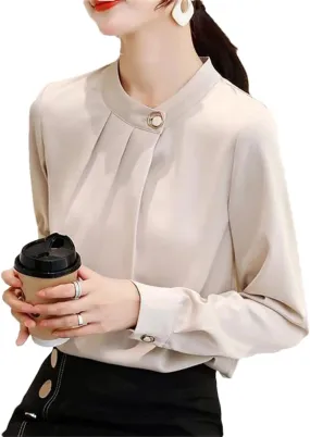 Women Ruffled Elegant Stand Collar Office Lady Shirt Korean Solid Long Sleeve Business Blouse Top