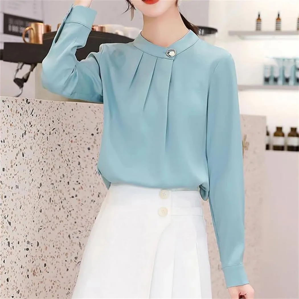 Women Ruffled Elegant Stand Collar Office Lady Shirt Korean Solid Long Sleeve Business Blouse Top