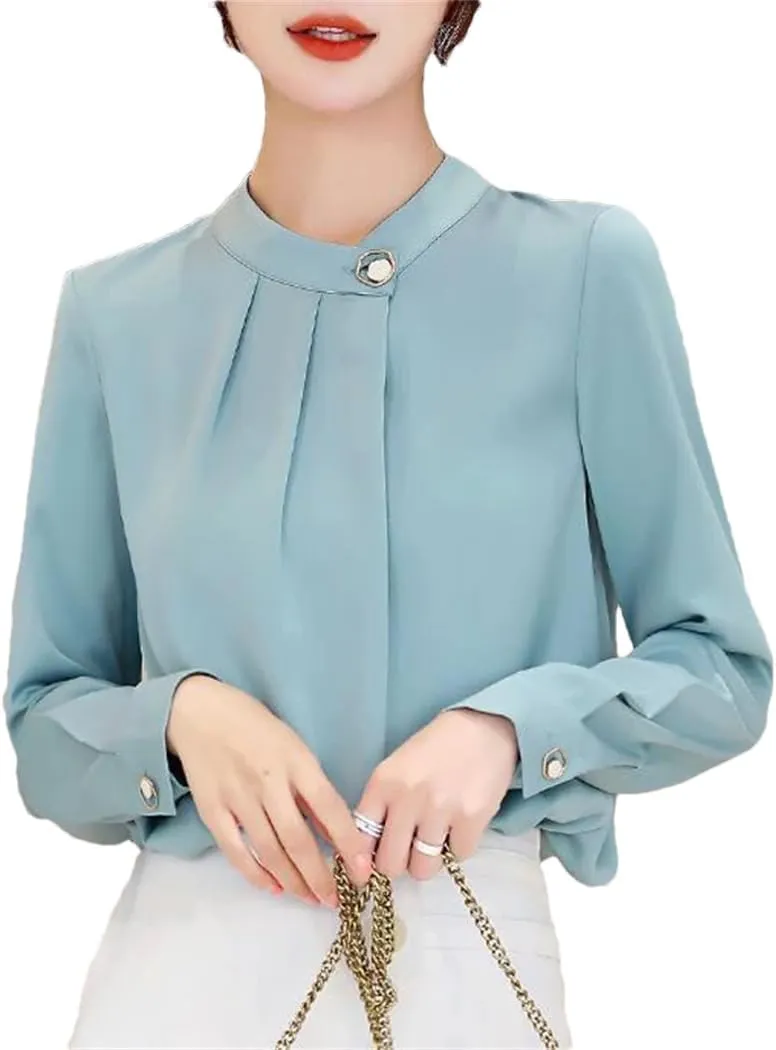 Women Ruffled Elegant Stand Collar Office Lady Shirt Korean Solid Long Sleeve Business Blouse Top