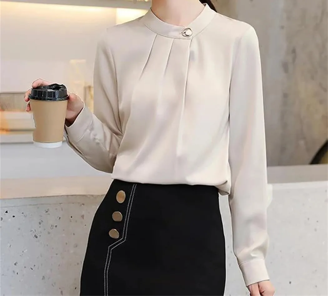Women Ruffled Elegant Stand Collar Office Lady Shirt Korean Solid Long Sleeve Business Blouse Top