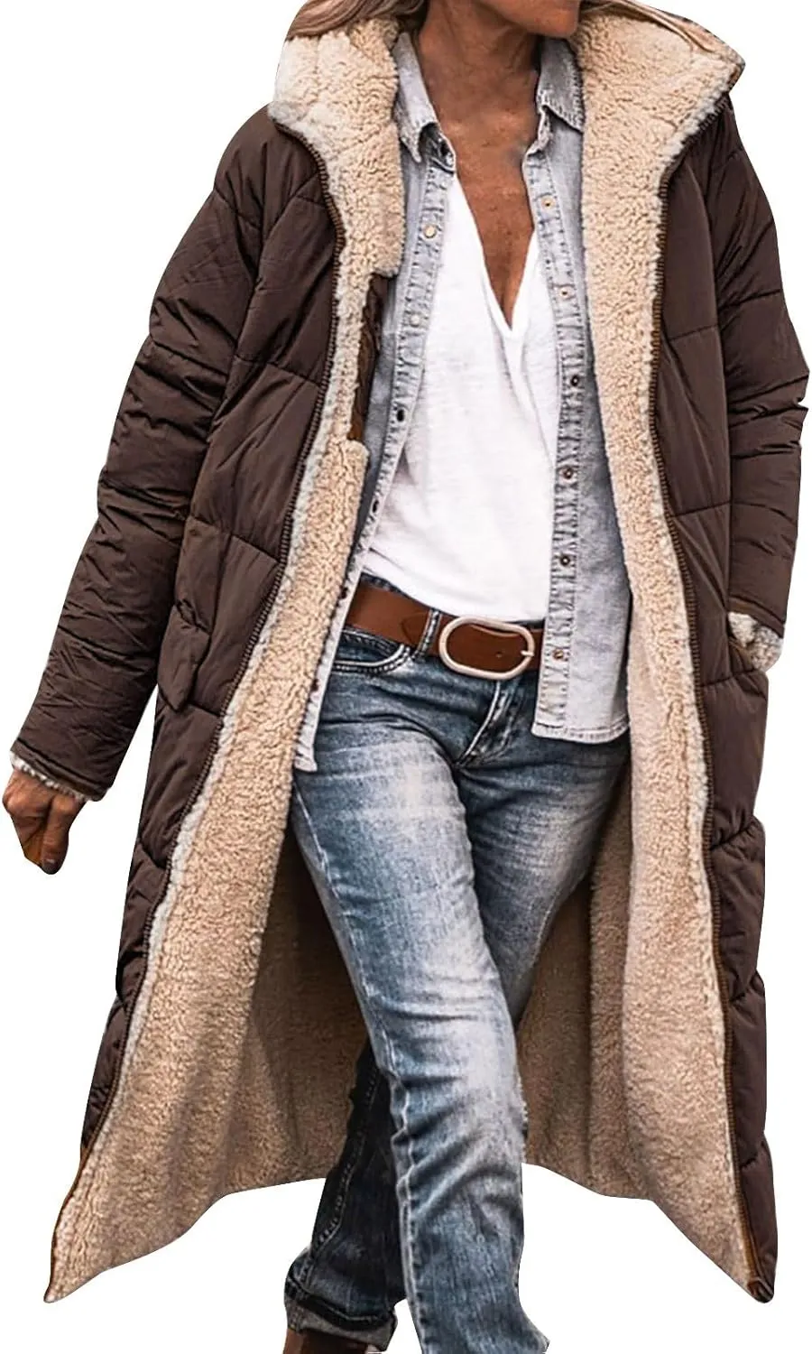 Women's 2024 Winter Down Jacket Fleece Lined Hooded Zip Up Oversized Long Puffer Jackets Thick Warm Quilted Down Coat