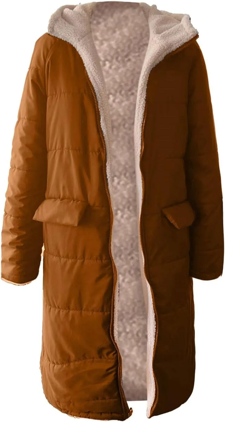 Women's 2024 Winter Down Jacket Fleece Lined Hooded Zip Up Oversized Long Puffer Jackets Thick Warm Quilted Down Coat