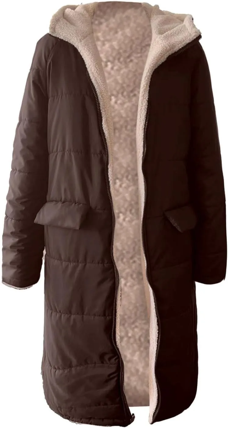 Women's 2024 Winter Down Jacket Fleece Lined Hooded Zip Up Oversized Long Puffer Jackets Thick Warm Quilted Down Coat