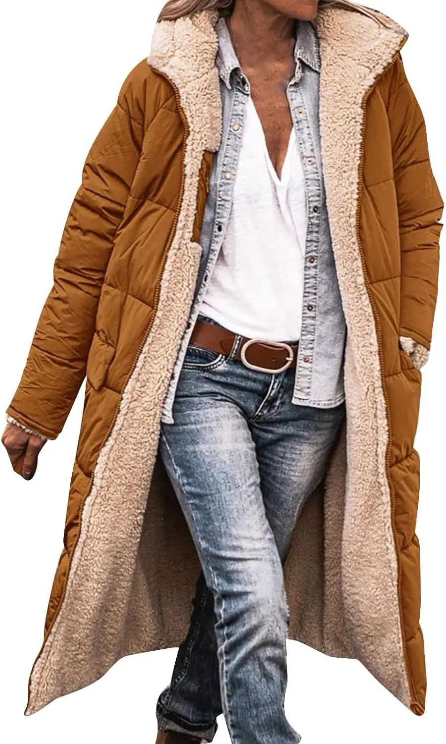 Women's 2024 Winter Down Jacket Fleece Lined Hooded Zip Up Oversized Long Puffer Jackets Thick Warm Quilted Down Coat