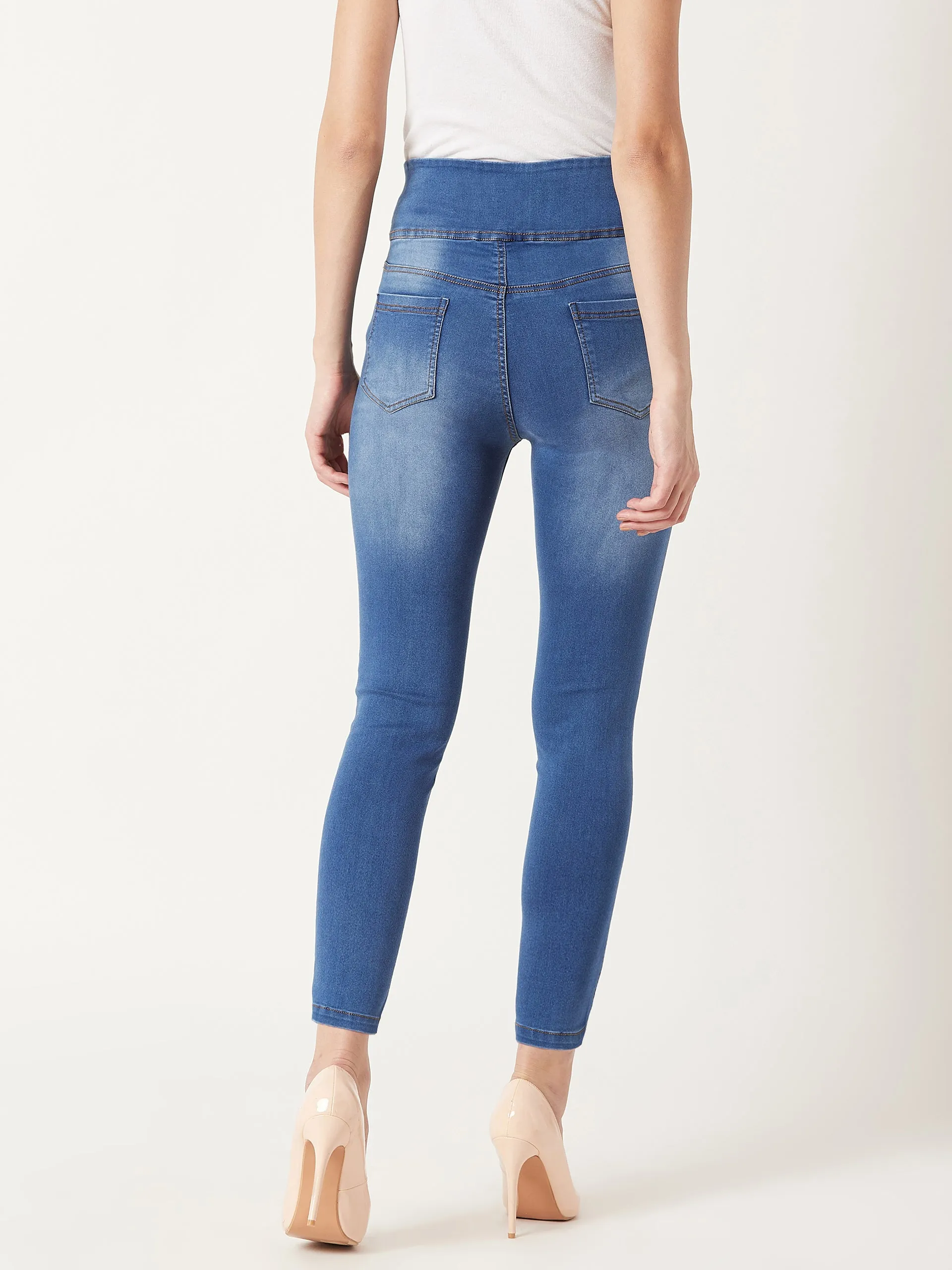 Women's Blue Super Skinny High Rise Clean Look Blast Effect Regular Length Stretchable Denim Jeggings