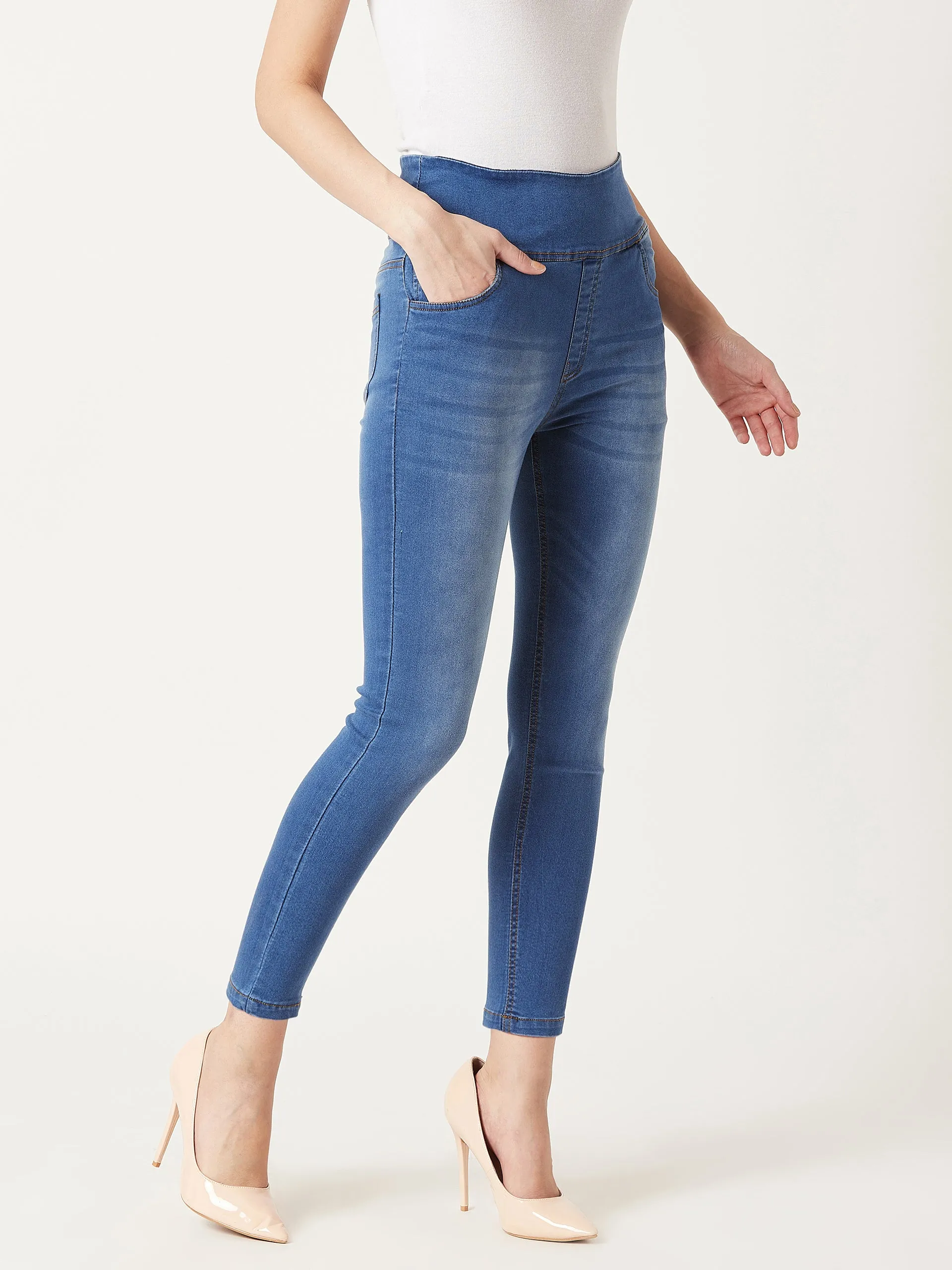 Women's Blue Super Skinny High Rise Clean Look Blast Effect Regular Length Stretchable Denim Jeggings