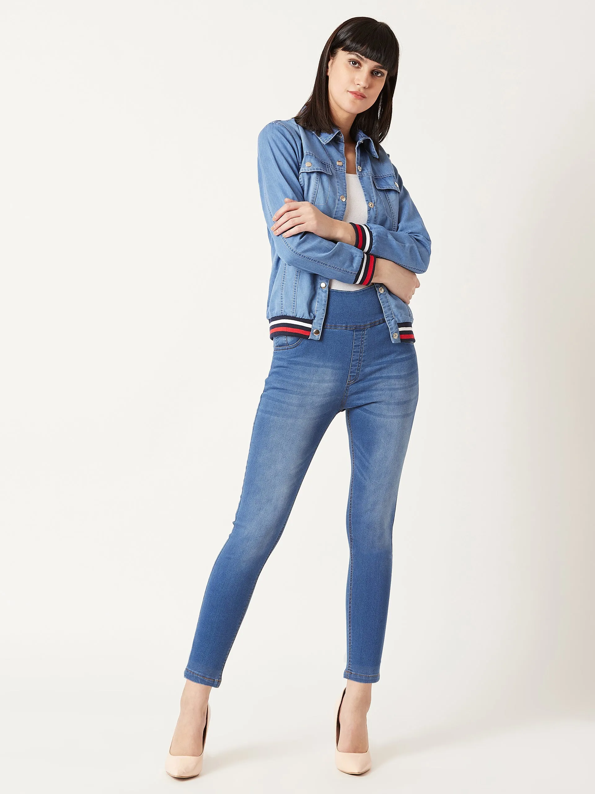 Women's Blue Super Skinny High Rise Clean Look Blast Effect Regular Length Stretchable Denim Jeggings