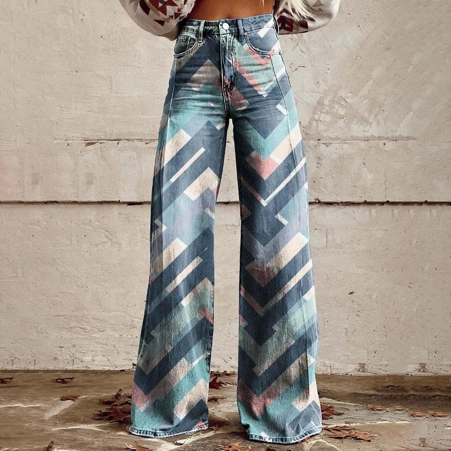 Womens Flare Jeans Vintage Flower Print Pants Cute Fashion Casual Wide Leg High Waisted Flared Denim Trouser