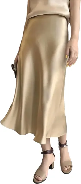 Women's High Waisted Satin Skirt Elegant A-Line Cocktail Party Wedding Silk Skirts