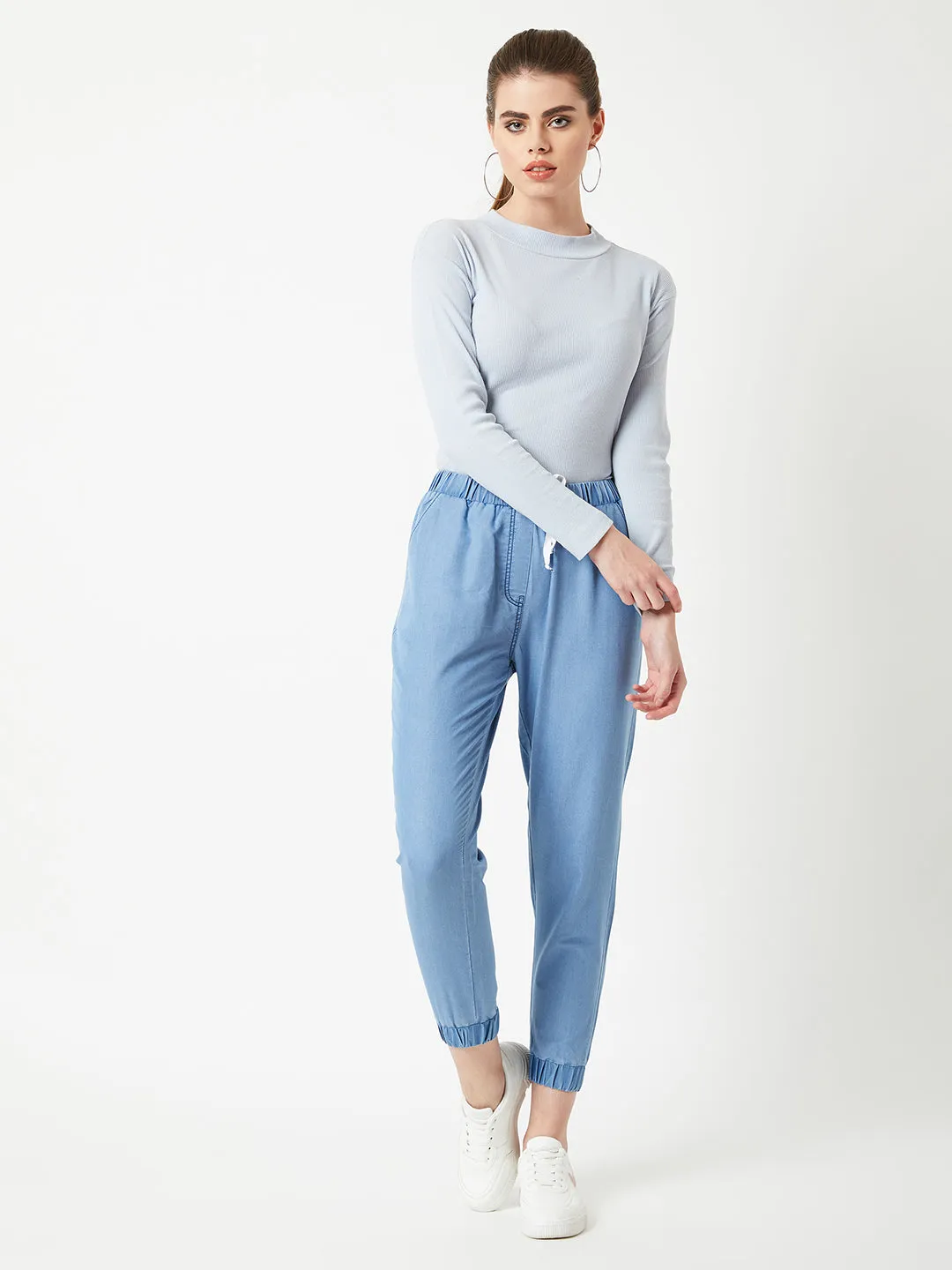 Women's L Blue Regular Length Mid Rise Clean Look Regular Fit Denim Joggers