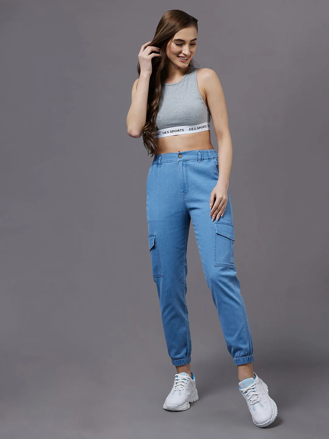 Women's Light Blue High Rise Regular Light Weight Stretchable denim joggers
