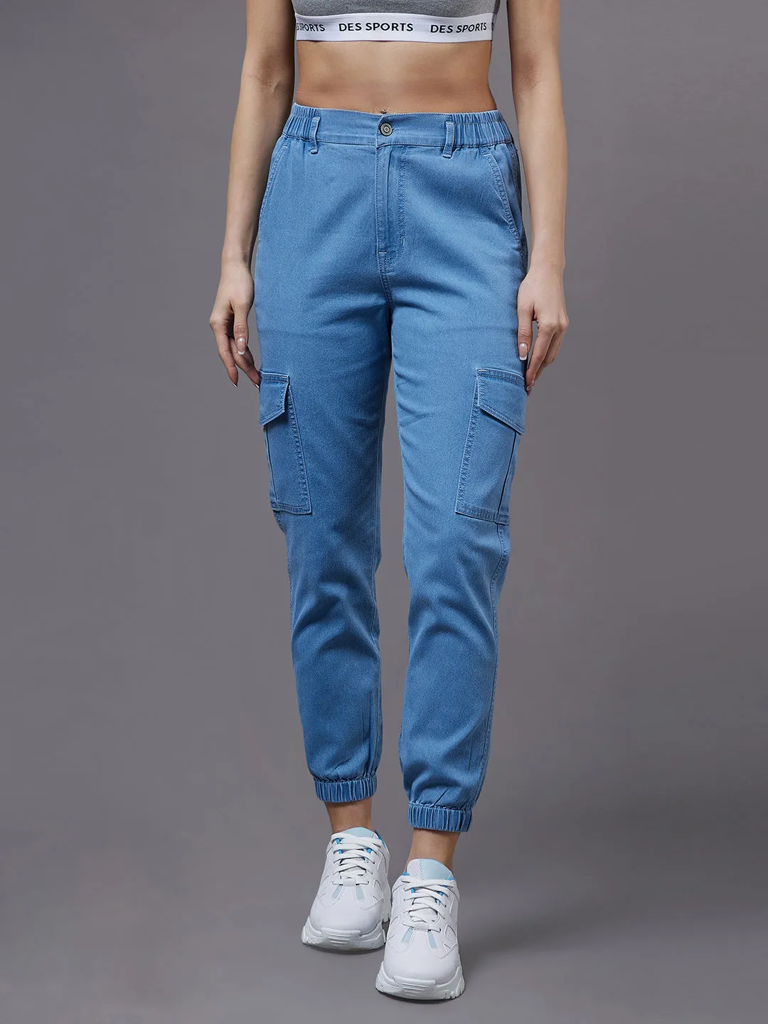 Women's Light Blue High Rise Regular Light Weight Stretchable denim joggers