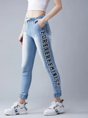 Women's Light Blue Regular Fit Mid Rise Clean Look Regular Length Stretchable Denim Jogger