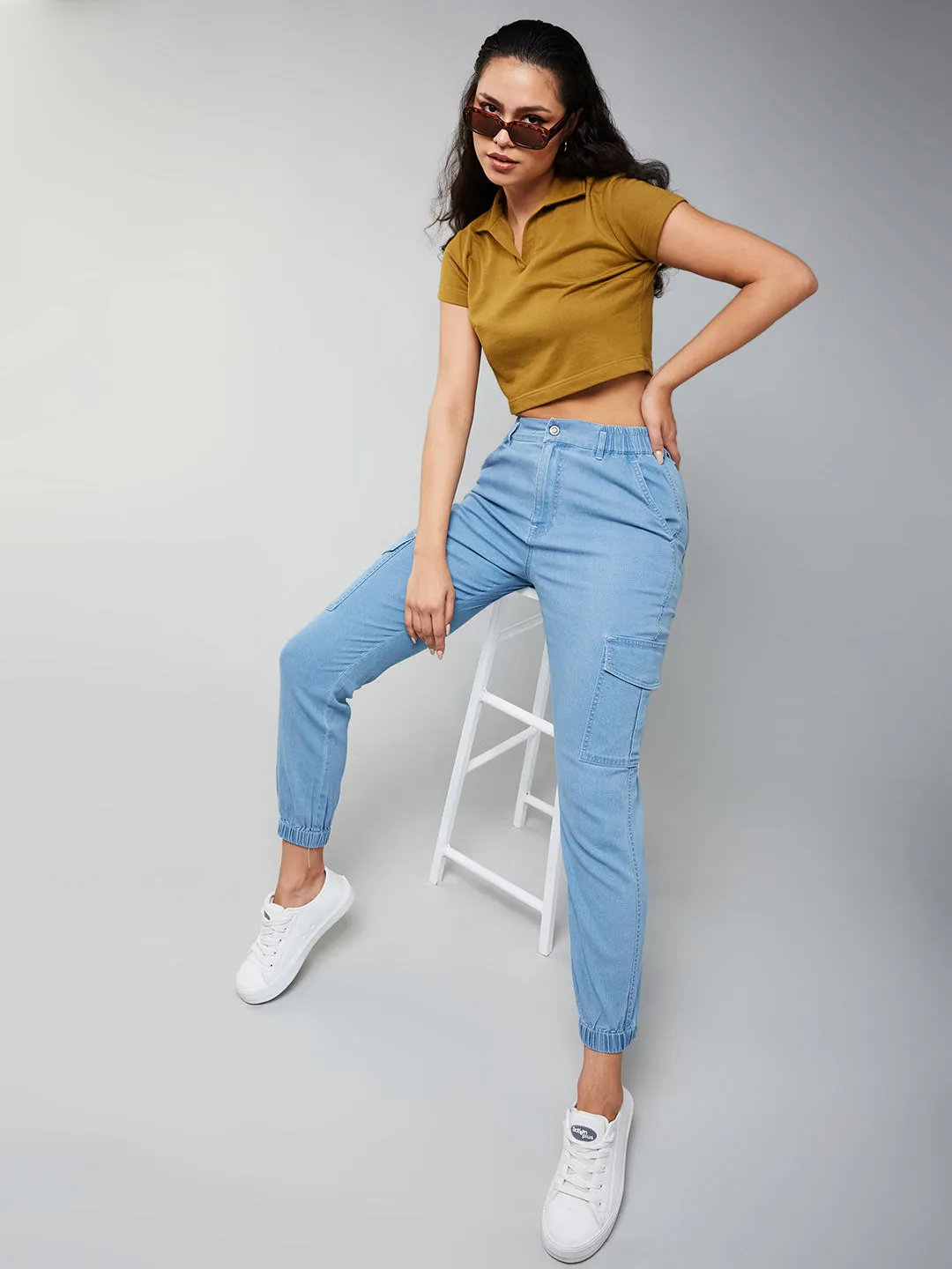 Women's Light Blue Regular High rise Light Weight Stretchable Denim Joggers