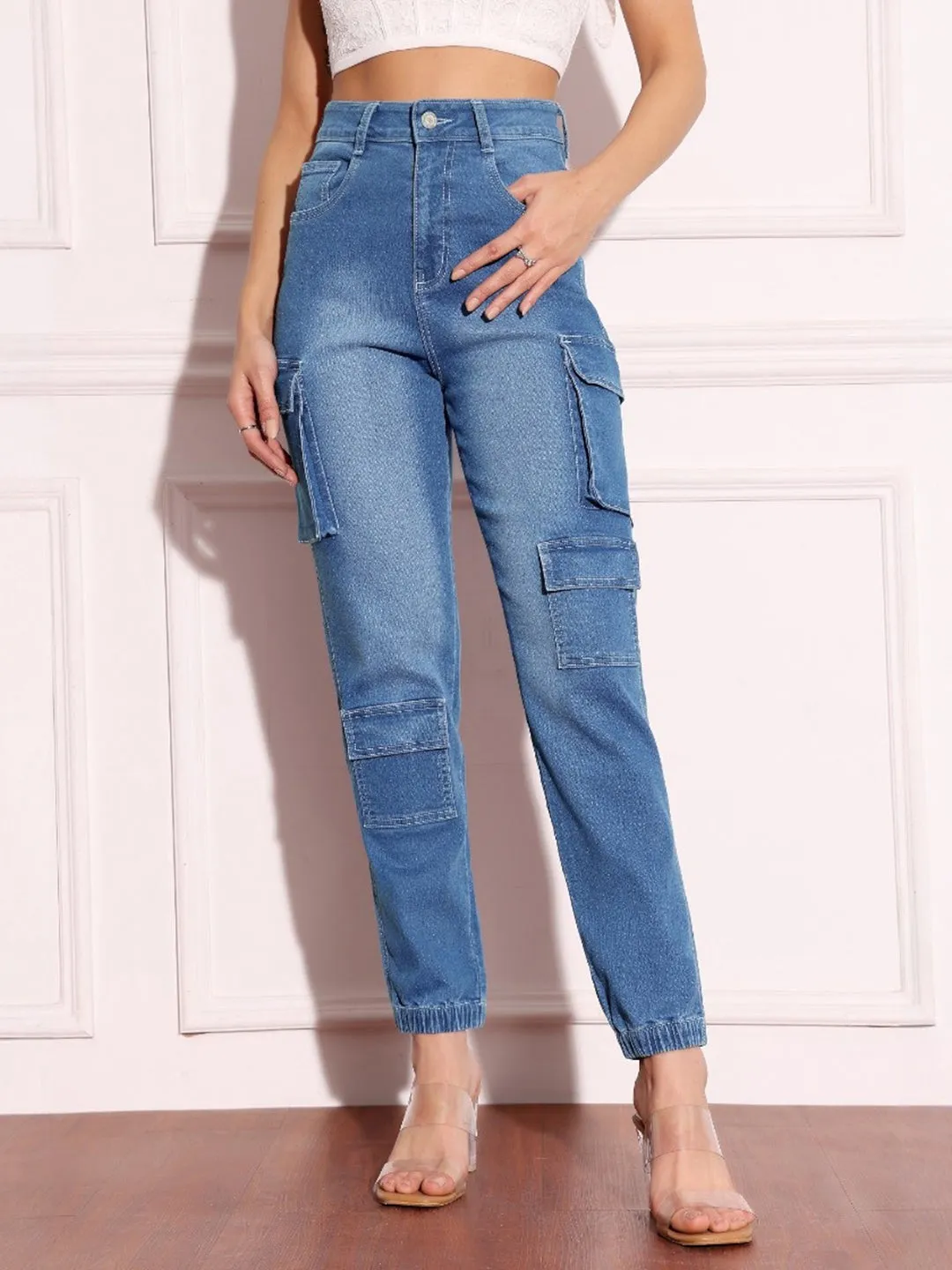 Women's Mid-Blue Regular High Rise  Regular Stretchable Denim Joggers
