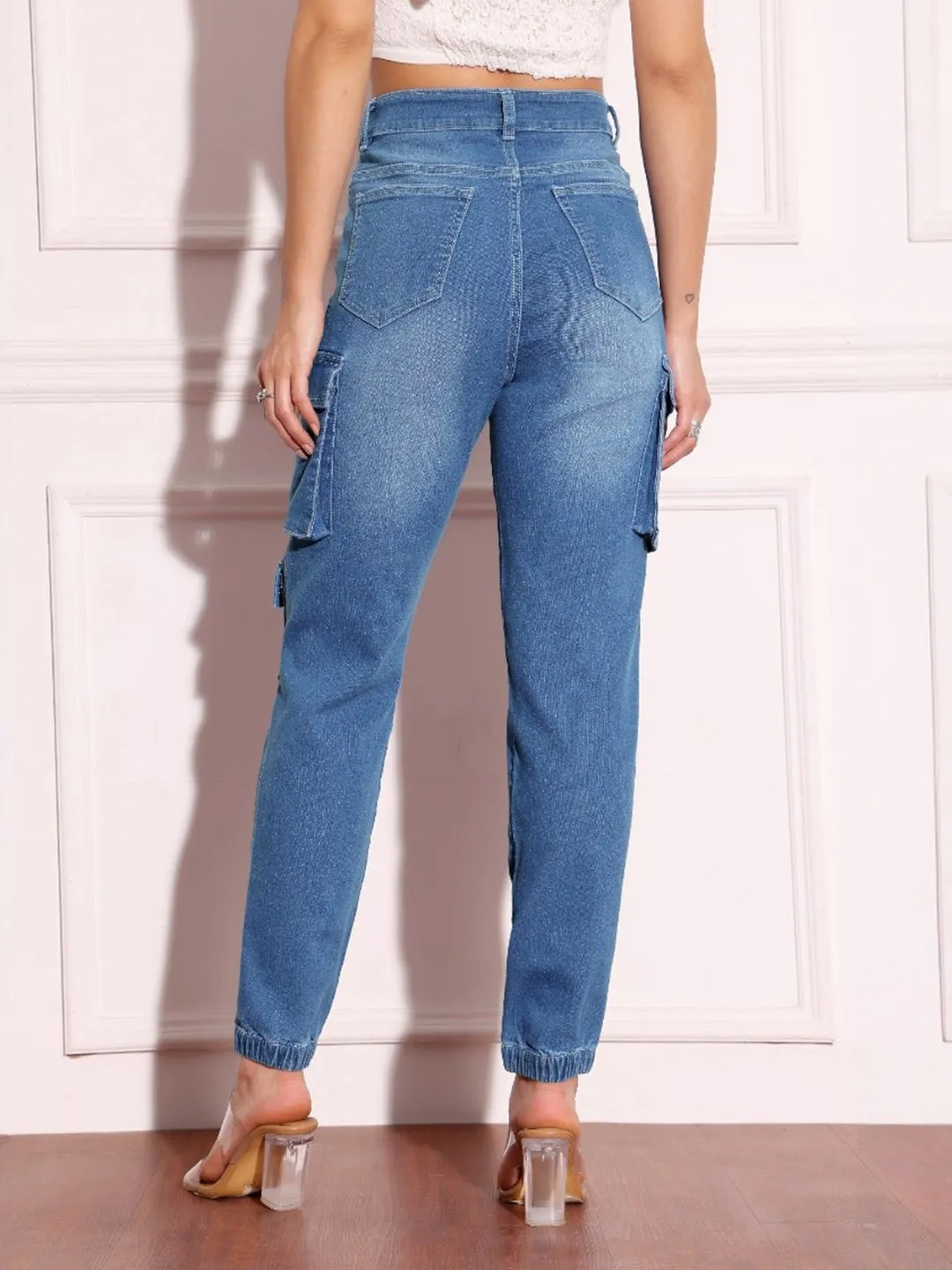 Women's Mid-Blue Regular High Rise  Regular Stretchable Denim Joggers