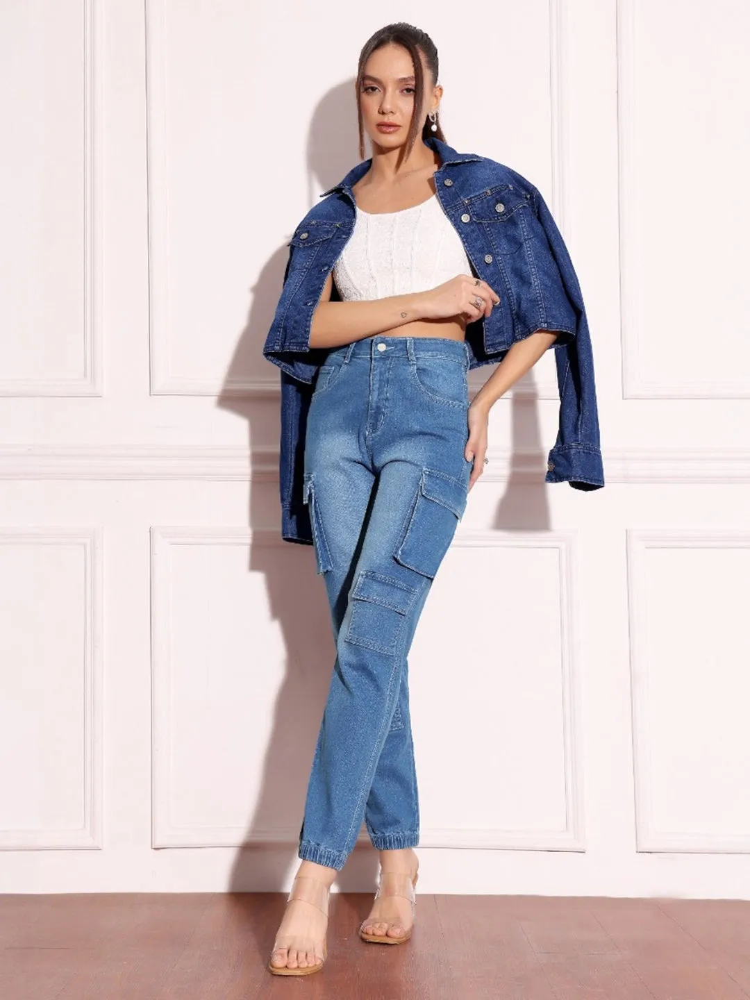 Women's Mid-Blue Regular High Rise  Regular Stretchable Denim Joggers