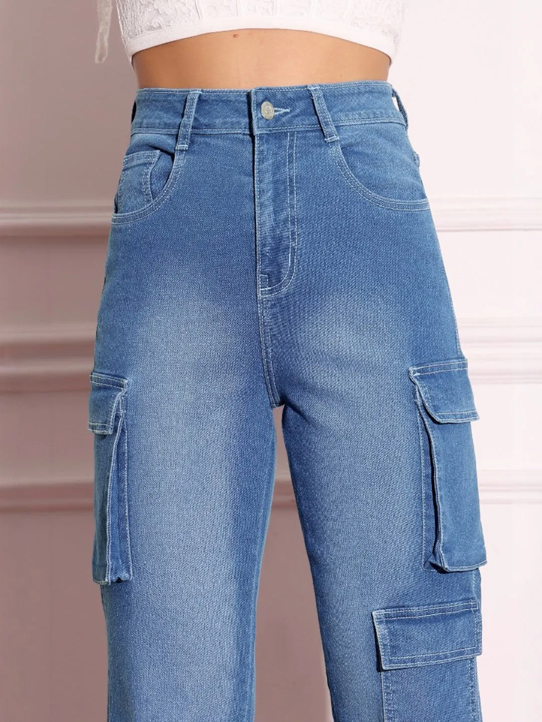 Women's Mid-Blue Regular High Rise  Regular Stretchable Denim Joggers
