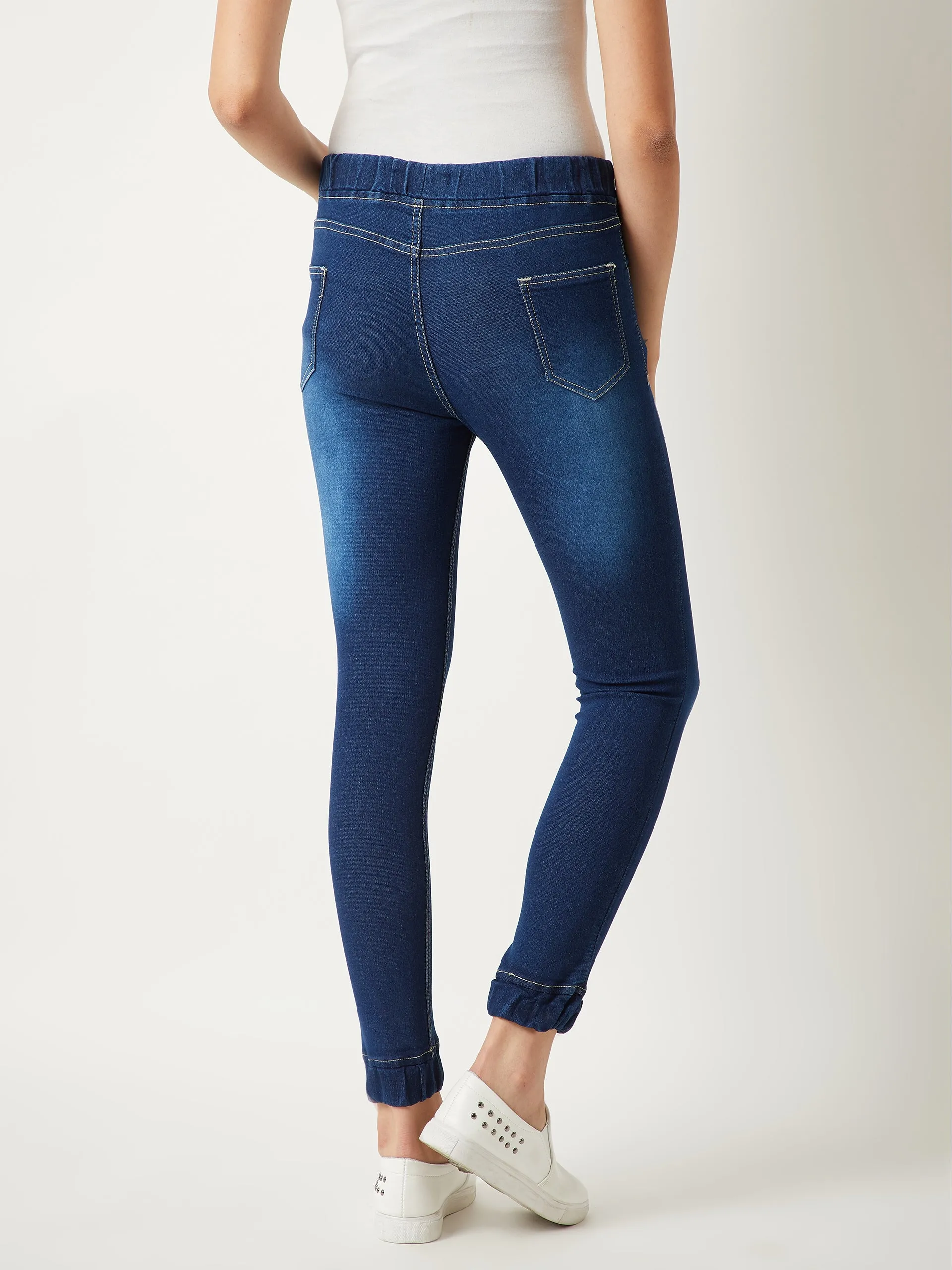 Women's Navy Blue Relaxed Fit Mid Rise Scraping Detailing Regular Length Stretchable Denim Joggers