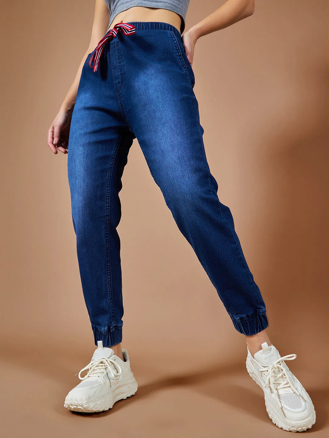 Women's Navy Blue Solid Mid Rise Clean Look Regular Length Stretchable Denim Jogger Pants