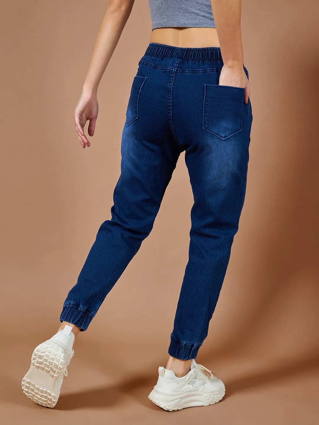 Women's Navy Blue Solid Mid Rise Clean Look Regular Length Stretchable Denim Jogger Pants